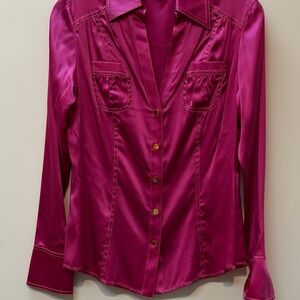 Cache Fuchsia Satin Button-Down Shirt Y2K
